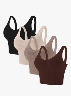 Women's Ribbed Seamless Tank Bralette - 4-Pack (Black, Beige, Taupe, Brown)